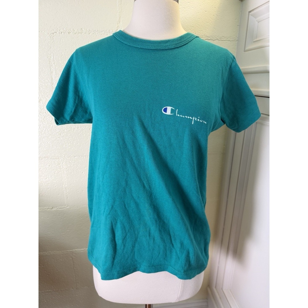 1980s Champion Kids T-Shirt USA Made Teal Script Logo Youth L 16 Single Stitch